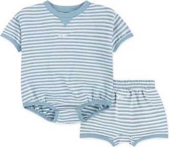 Nike Stripe Bodysuit & Shorts Set in Denim/Turquoise at Nordstrom, Size 3M