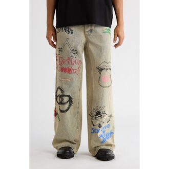 Diet Starts Monday Doodle Distressed Wide Leg Jeans in Sand at Nordstrom, Size 36