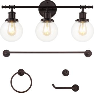 Jonathan Y Designs Hugo 24.5 3-Light Farmhouse Classic Vanity Light with Bathroom Hardware Accessory Set, Oil Rubbed Bronze (5-Piece)