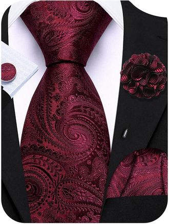 Barry.Wang Burgundy Tie 63 Paisley Silk Ties Set Pocket Square Cufflinks and Lapel Pin Extra Long Necktie Wedding