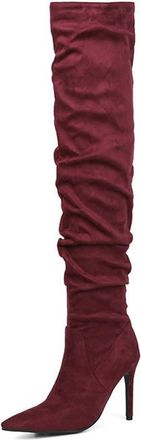 Generic Womens Fashion Thigh High Pointed Toe Stiletto High Heel Slouchy Ruched Wide Calf Winter Party Wedding Shoes (7.5,Red)