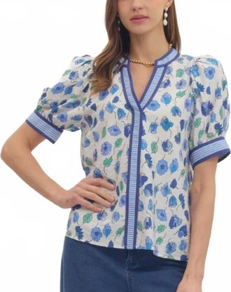 Entro Floral V Neck Blouse In Blue