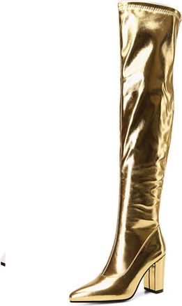 Generic Gold,3.5 UK,Womens Tall Over The Knee Boots Thigh High Fall Block Chunky Heeled Knee High Long Boots with Fashion Pointy Toe and Side Zipper