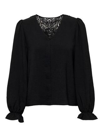 Only Spitzenbluse ONLY ONLMETTE L/S LACE TOP WVN, Damen, Gr. XS, schwarz, Web, Obermaterial: 100% Polyester, unifarben, regular fit normal, V-Ausschnitt, B