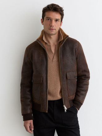 Reiss Brown Shearling Zip-through Leather Jacket, Xxl