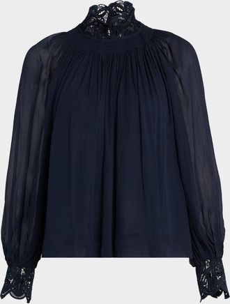 Reiss Czara Guipure Lace-Trim Chiffon Blouse