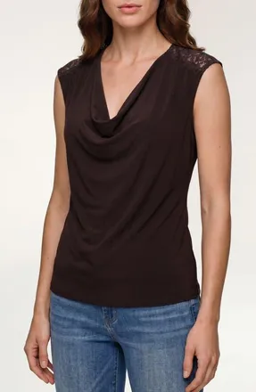 Liverpool L.A. Draped Neck Sleeveless Top with Lace Trim in Java at Nordstrom, Size X-Large