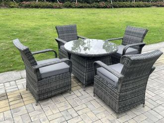 Fimous Outdoor Rattan Garden Furniture Dining Set Table & Chair Set Wicker Patio 4 Chairs Plus Round Table in Dark Grey