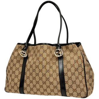 Gucci Black Brown Gg Canvas Leather Handbag Shoulder Bag Tote Bag (Pre-Owned)