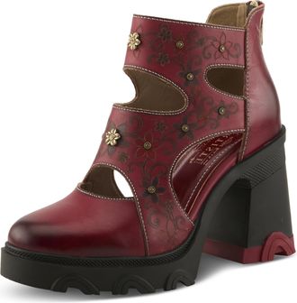 L'Artiste by Spring Step LArtiste CAPSULE Hand-Painted Cutout Boot - Leather Platform Ankle Boot with Sculpted Block Heel, Dark Red Multi, 7.5-8