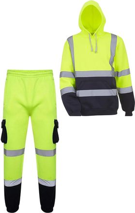 Generic Hi Vis Jogging Bottoms High Visibility Combat Cargo Thick Brush Fleece Trousers with Same Hoodie Reflective Tape Safety Work Wear Elasticated Waist Jo