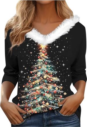 Generic Christmas Jumpers for Women Faux Fur Collar V Neck Sweater Plus Size Long Sleeve Christmas Print Sweatshirts Casual Oversized Outwear Pullover Ladies 