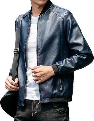 Generic Mens Pocket Zipper Leather Jacket Motorcycle Pu Jacket Casual Retro Solid Color Motorcycle Leather Jacket Navy Blue M