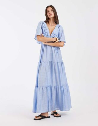 Vero Moda Vestito lungo azzurro a balze con maniche voluminose-Blu