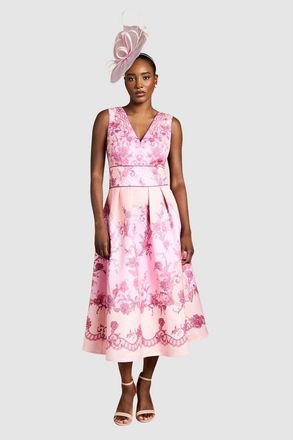 Coast V-Neck Satin Floral Print Midi Dress in Coral at Nordstrom, Size 14