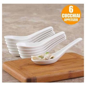 Trade Shop Trade Shop - Set 6 Pezzi Cucchiaini Per Antipasto Aperitivo In Ceramica Bianca 2 X 4 X 12,5cm