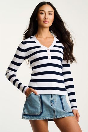 Lisa Todd Lucky Stripe Cotton Henley in White Navy at Nordstrom, Size X-Large