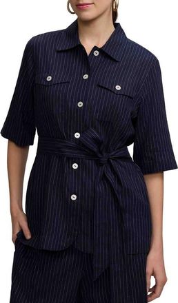 Foxcroft Estela Stripe Linen Blend Jacket in Navy Blue/White at Nordstrom, Size X-Small