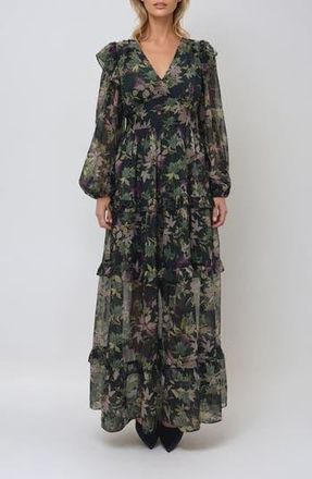 Melloday Print Ruffle Long Sleeve Chiffon Maxi Dress in Hunter Green Floral at Nordstrom Rack, Size X-Small