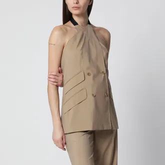 Max Mara Giacca smanicata in popeline di lana e seta color sabbia