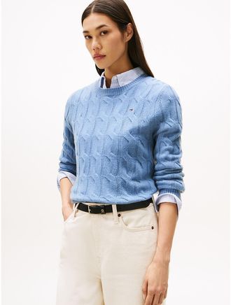 Tommy Hilfiger Womens Wool Cable Knit Sweater - Blue - S