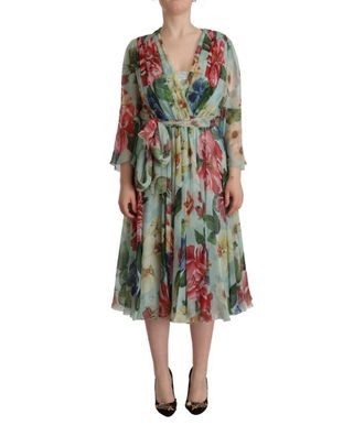 Dolce & Gabbana Womens Multicolor Green Silk Wrap Gown Dress - Multicolour - Size 8 UK