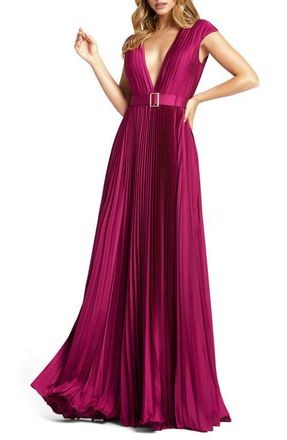 Mac Duggal Pleated Plunge Neck Belted Satin Gown in Raspberry at Nordstrom, Size 14