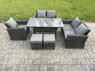 Fimous Wicker Rattan Garden Dining Set Outdoor Furniture Sofa with Dining Table Double Seat Sofa 2 Small Footstools Dark Grey Mixed