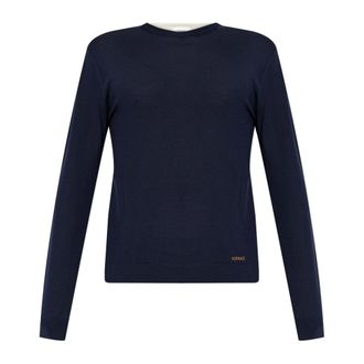 Versace Round-neck Knitwear, male, Blue, Size: 2XL Embroidered Wool Knit Crewneck Sweater