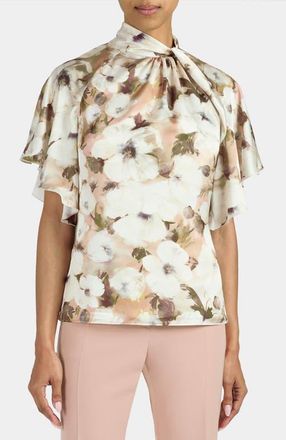 Santorelli Joyce Mock Neck Blouse in Floral Georgette in Peach Whip at Nordstrom, Size 4