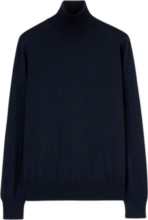 Agnona Fijne wol zijde kasjmier rib coltrui - Heren - Truien - Blauw - Maat: M Zijde