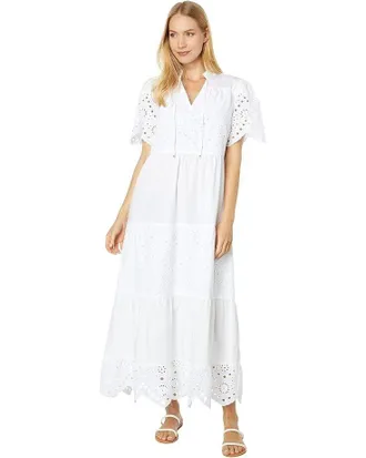 Halston Heritage H By Halston Mix Media Maxi Dress Womens White 100% Cotton Tiered JDM828
