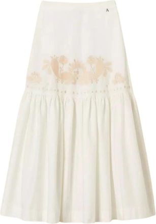 Twinset Gonna lunga con balza e ricamo - Dames - Midirokken - Wit - XS - Katoen - Rokken