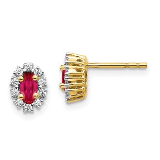 Diamond2Deal 14k Gold 1/5 Ct Lab Grown Diamond and Oval Created Ruby Halo Stud Earrings