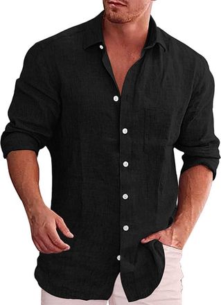 Generic Linen Shirt Mens Long Sleeve Oxford Shirt Casual Plain Smart Non Iron Button Down Shirt with Chest Pocket Relaxed Fit Men Shirts Banded Collar Lightwe