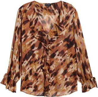 Tahari by ASL Print Ruffle Top in Luggage Animal at Nordstrom, Size 2X