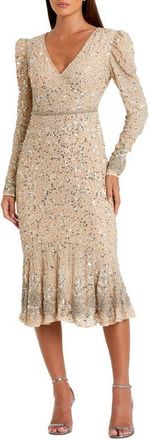 Mac Duggal Sequin Gown with Embellished Hemlin and Belt in Nude Silver at Nordstrom, Size 16