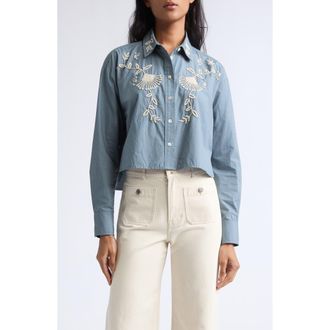 Veronica Beard Aderes Beaded Floral Cotton Button-Up Shirt in Blue Steel at Nordstrom, Size 00