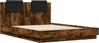 vidaXL Estructura de cama cabecero luces LED roble ahumado 120x200 cm vidaXL