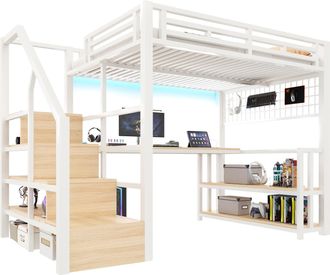 STILVORA Cama Alta 140 X 200 Cm Con Escalera De Almacenamiento, Escritorio, Led, Usb Y Usb-c, Sin Colch&oacute;n, De Metal, Blanco