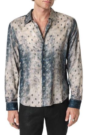 John Varvatos Ross Fleur de Lis Print Button-Up Shirt in Almond at Nordstrom, Size X-Large
