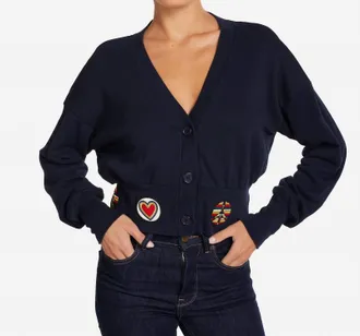 Lauren Moshi Camas Hippie Peace Love Patches Cardigan In Navy