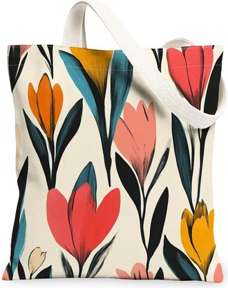 Generic Spring Saffron Crocus Flower Canvas Tote Bag for Shopping 13x15, Vintage Retro Florals Reusable Grocery Print Bag for Women, Fun Aesthetic Beach Aesth