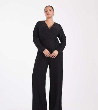 Only ONLY Curve tuta jumpsuit a portafoglio a gamba ampia con glitter nera-Nero
