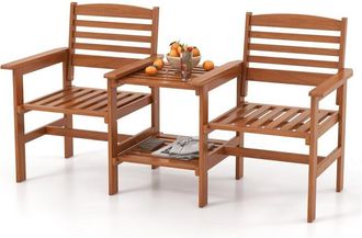 Costway Conjunto Mesa Y Sillas Jardin, Muebles Jard&iacute;n Exterior Con Mesa Para Patio Al Aire Libre De Madera, Orificio Para Sombrilla De 4 Cm,resistentes A Inte