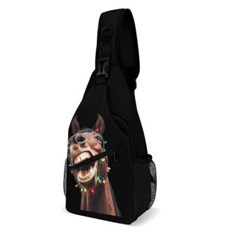 Generic Funny Horse with Christmas Lights Wrapped Unisex Shoulder Bags Casual Crossbody Chest Bag Sling Backpack for Hiking Cycling Travel