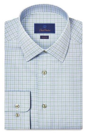 David Donahue Regular Fit Check Cotton Twill Dress Shirt in Blue/Green at Nordstrom, Size 17.5 - 32