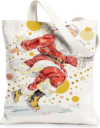 Generic Christmas Santa Canvas Tote Bags, Fun Holiday Design Reusable Grocery Bags, Festive Lightweight Washable Shoulder Strap Can, White, 13x15 Inch