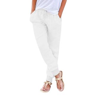 Generic Women Linen Blend Jogger Pants Elastic Waist Tapered Leg Lightweight Trousers with Pockets White