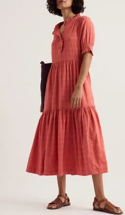 Seasalt Cornwall Feather Star Puff Sleeve Tiered Organic Cotton Blend Dress in Dusky Coral at Nordstrom, Size 10